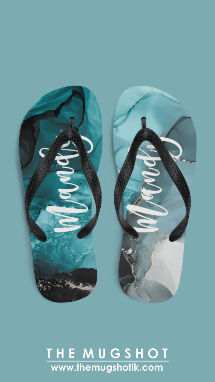 Name Printed Personalized Blue Marble Background Flip Flops - Mugshotlk