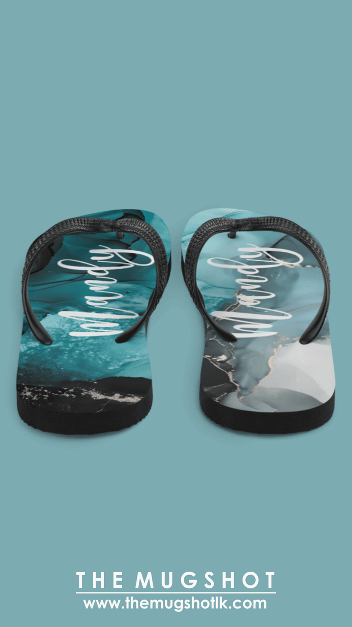 Name Printed Personalized Blue Marble Background Flip Flops - Mugshotlk