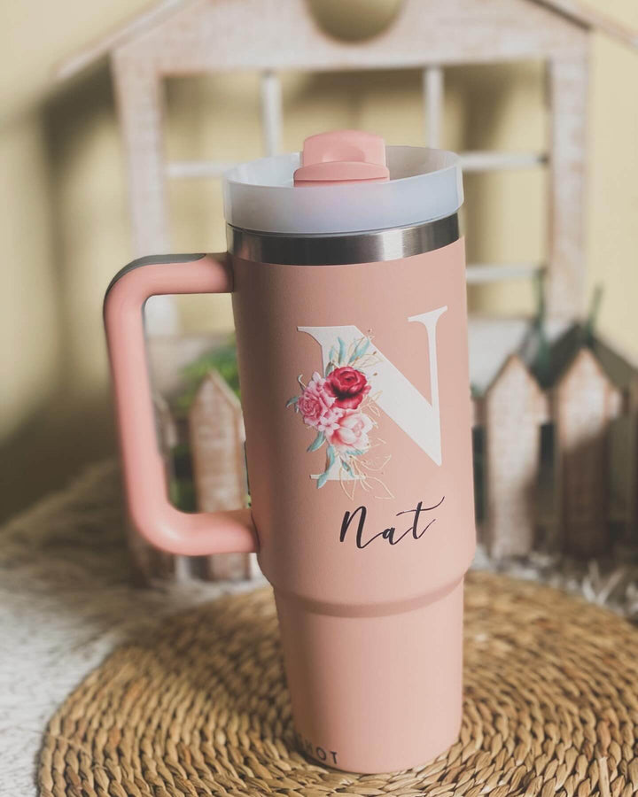 Personalized Floral Monogram 1.2L Vacuum Insulated Tumbler with Straw. - Mugshotlk
