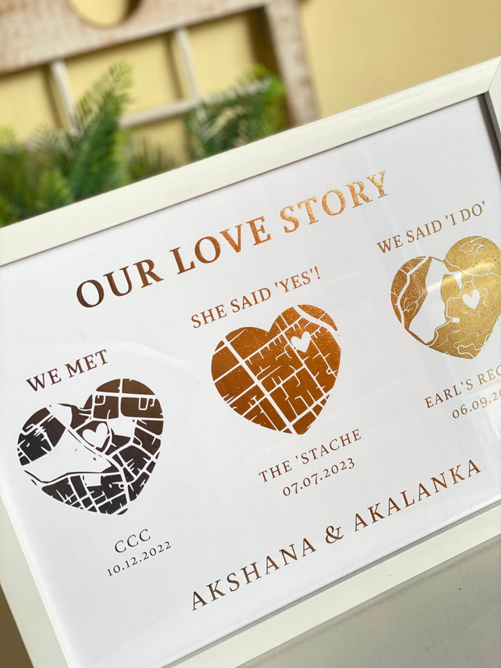 Our 3 Places Foil Frame - Your Love Story Framed! Ideal Gift for a Loved one - Birthday or Anniversary - Mugshotlk