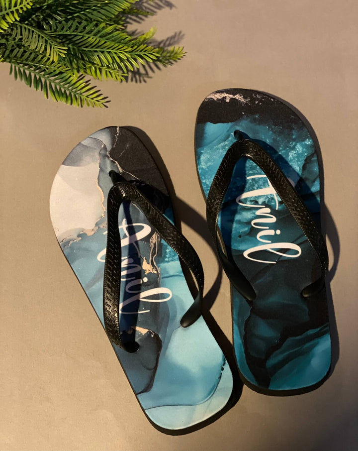 Name Printed Personalized Blue Marble Background Flip Flops - Mugshotlk