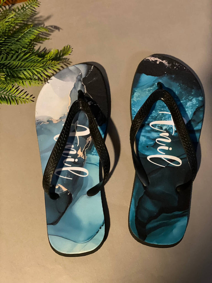 Name Printed Personalized Blue Marble Background Flip Flops - Mugshotlk