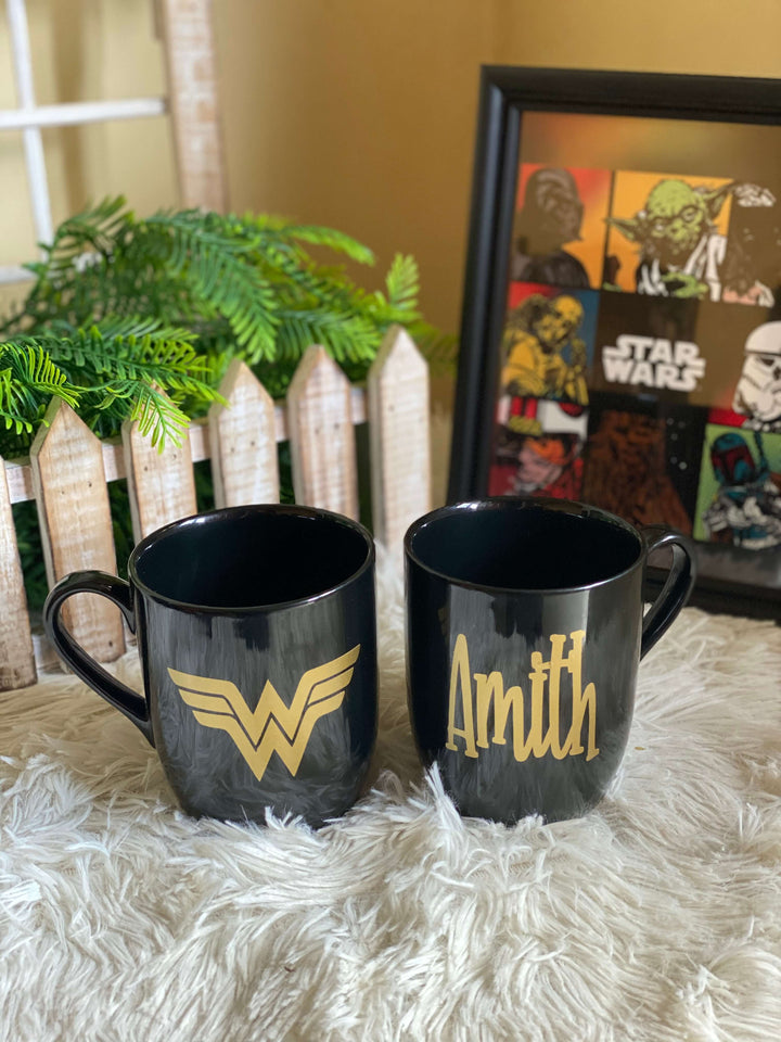 Couple Mugs - Black - Batman and Wonder Woman Matte gold foil - Mugshotlk